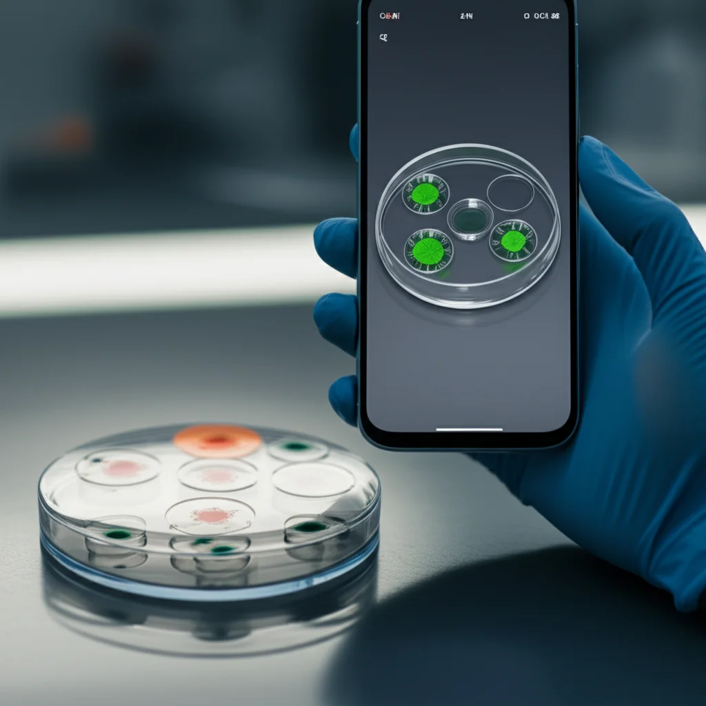 Fotografia realistica di uno smartphone moderno tenuto in mano da una persona con guanti da laboratorio, posizionato sopra una piastra di coltura a 6 pozzetti illuminata su un banco di laboratorio pulito. Lo schermo del telefono mostra un'interfaccia grafica con l'immagine della piastra e le placche virali evidenziate e contate da un software AI. Obiettivo 35mm, profondità di campo che mette a fuoco telefono e piastra, sfondo leggermente sfocato del laboratorio.