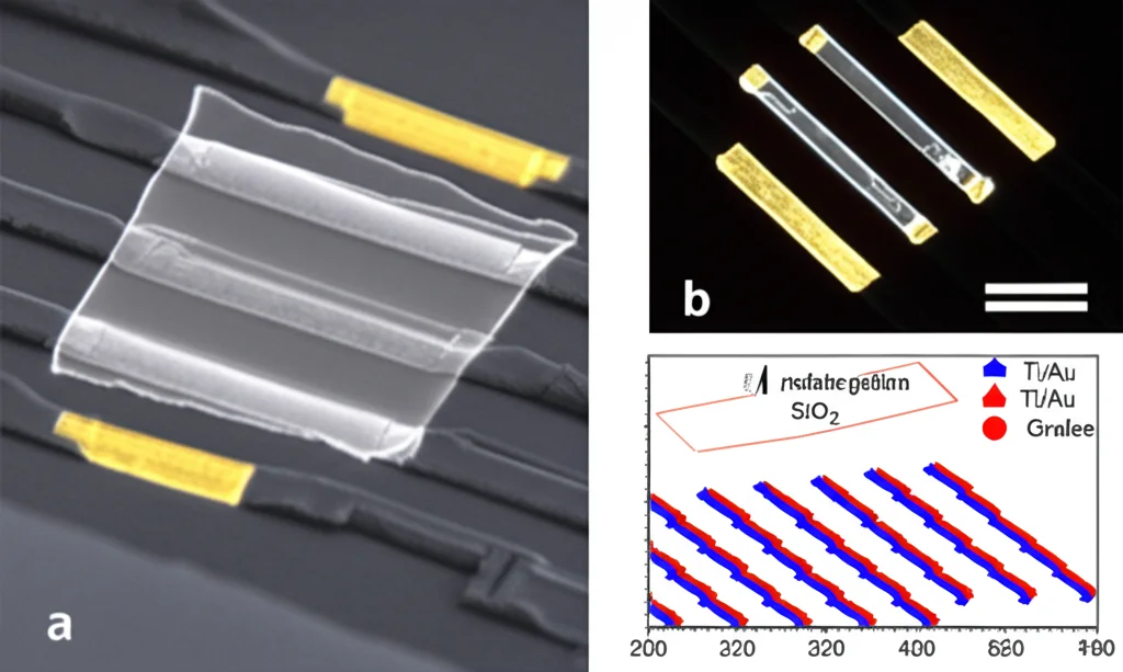 Immagine macro fotorealistica di un singolo nanofilo semiconduttore (Al,Ga)N posizionato su un substrato di silicio/SiO2, con elettrodi metallici (Ti/Au) alle estremità. Accanto, una versione dello stesso dispositivo con uno strato trasparente di grafene sovrapposto, a formare un'eterostruttura. Illuminazione da laboratorio controllata per evidenziare i dettagli nanometrici, lente macro 100mm, alta risoluzione, messa a fuoco precisa sulla giunzione tra nanofilo e grafene.