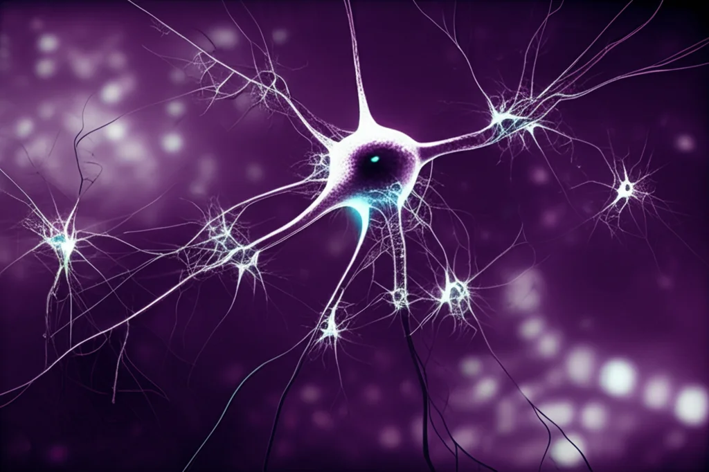 Illustrazione fotorealistica astratta del processo di apprendimento sinaptico. Linee luminose simili a neuroni si collegano e si rafforzano (diventano più luminose) in risposta a impulsi luminosi (rappresentati come flash). Sfondo tecnologico scuro, effetto profondità di campo, colori duotone viola e ciano, focale 35mm, stile film noir.