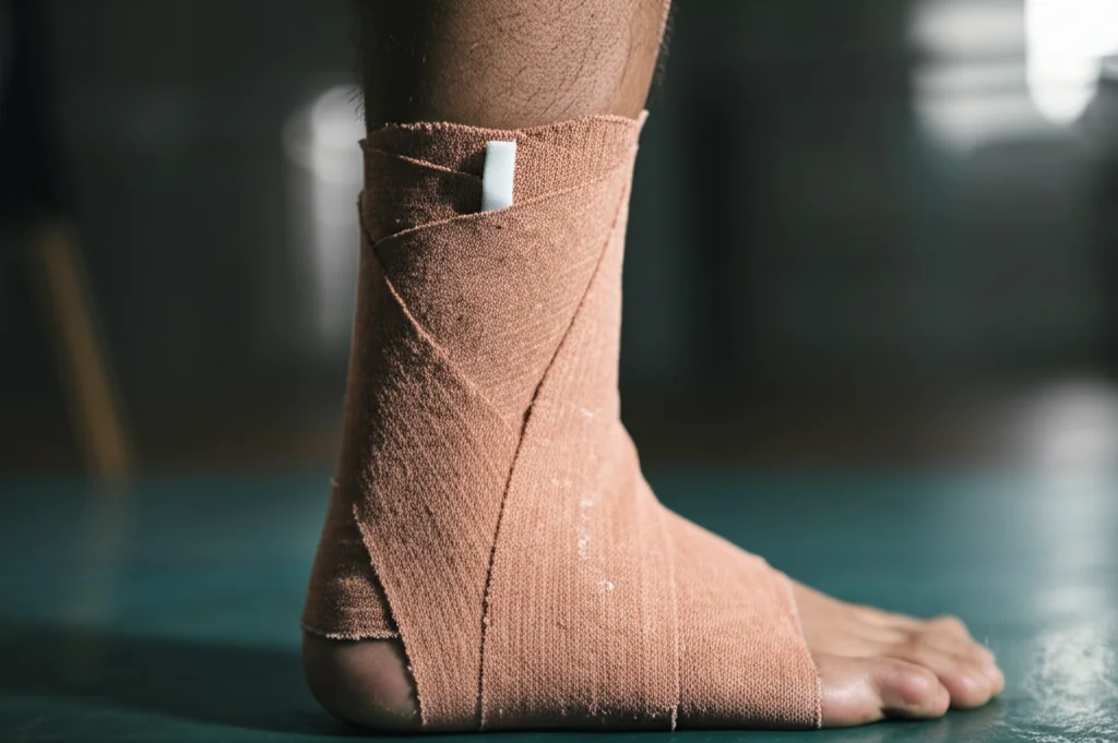 Primo piano macro di una caviglia fasciata di un atleta di badminton dopo un infortunio durante l'allenamento, luce controllata e soffusa da palestra, obiettivo macro 100mm, alta definizione dei dettagli della fasciatura elastica e della pelle sudata.