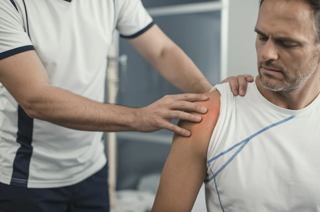 Atleta di tennis durante una sessione di fisioterapia focalizzata sulla spalla dolorante, ambiente clinico luminoso, focus selettivo sulla spalla con leggero effetto profondità di campo, obiettivo prime 35mm, toni leggermente desaturati.