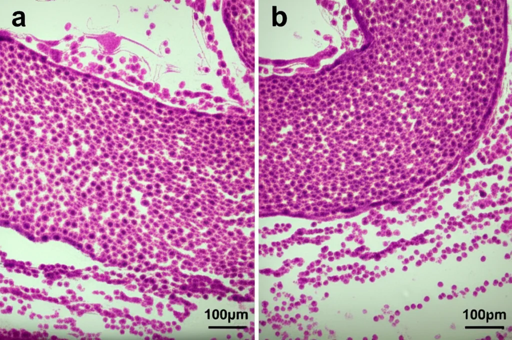 Macro fotografia di una sezione di osso trabecolare di ratto con segni di osteoporosi diabetica (trabecole sottili e spazi ampi) accanto a un campione di sangue con elevato glucosio, lente macro 100mm, alta definizione, illuminazione da laboratorio controllata.