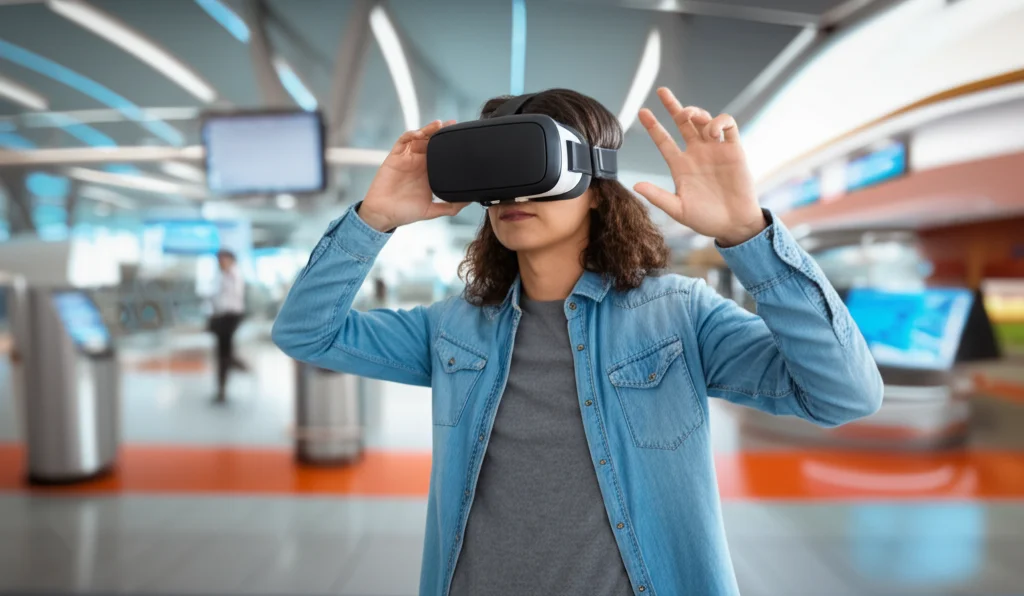 Una persona indossa un visore VR, immersa in un ambiente virtuale fotorealistico che replica l'interno di un moderno terminal aeroportuale. Luce controllata, messa a fuoco precisa sull'interazione della persona con l'ambiente virtuale, obiettivo macro 85mm per dettaglio.