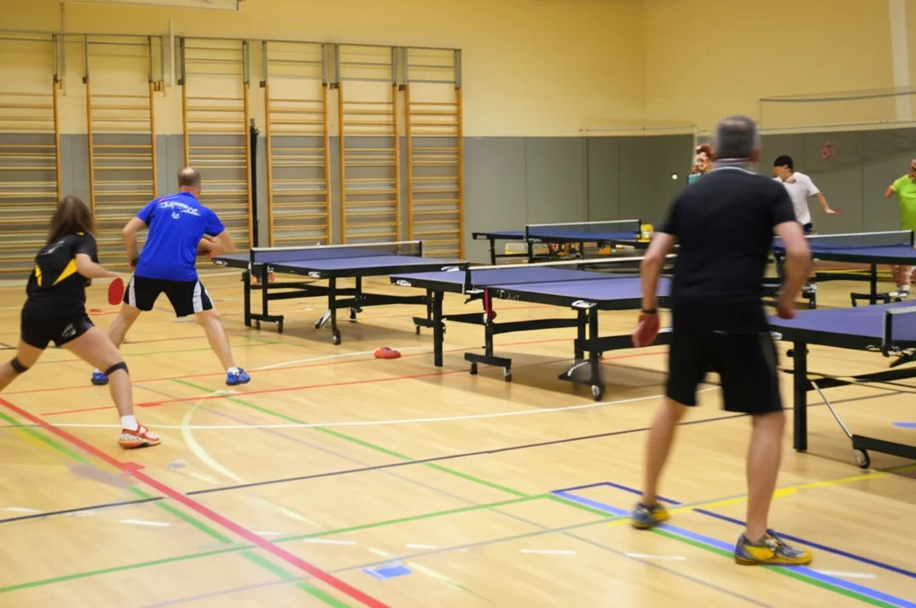 Gruppo eterogeneo di giocatori amatoriali di tennistavolo che eseguono esercizi di riscaldamento specifici per ginocchia e caviglie in una palestra ben illuminata, teleobiettivo zoom 100mm, fast shutter speed per catturare il movimento controllato e l'energia del gruppo.