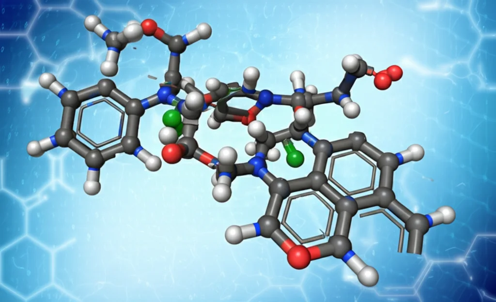 Illustrazione 3D che mostra la molecola di Epimedina B interagire con le cellule ossee (osteoblasti e osteoclasti), influenzando positivamente il rapporto OPG/RANKL per promuovere la salute ossea, sfondo scientifico astratto, alta definizione.