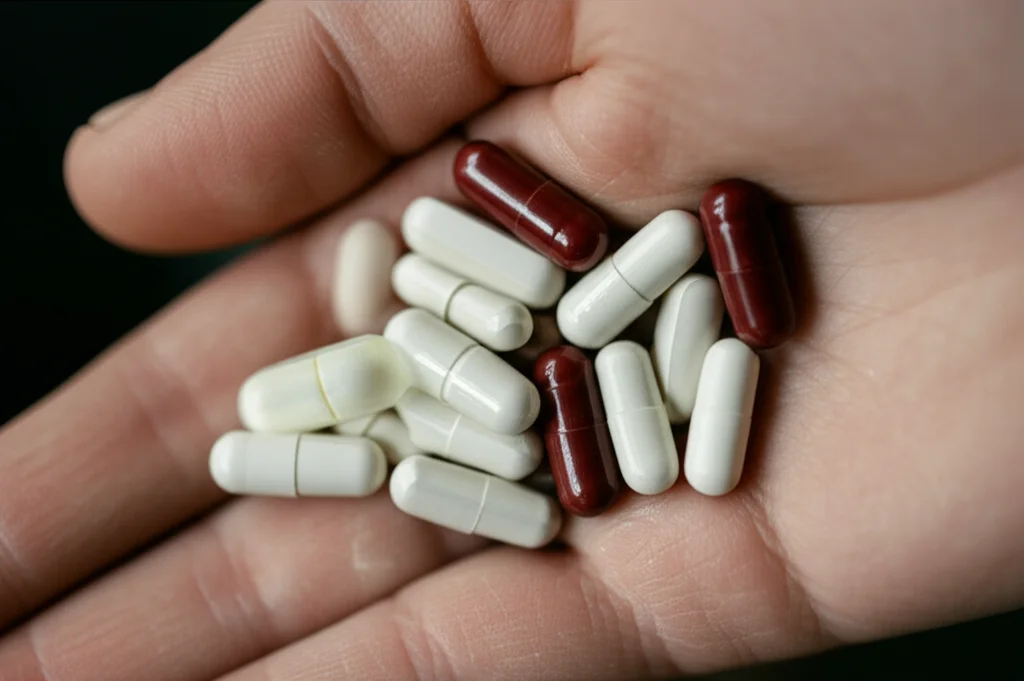 Primo piano con obiettivo macro 60mm di compresse antiretrovirali colorate su un palmo di mano aperto, illuminazione controllata e alta definizione dei dettagli delle pillole, sfondo neutro.