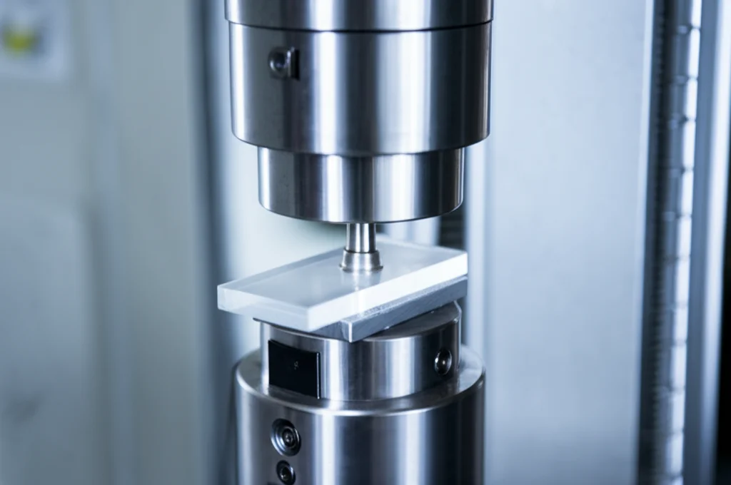 Fotografia di un campione di PMMA rinforzato montato su una macchina per test di flessione a 3 punti in un laboratorio di materiali, messa a fuoco sul punto di carico, illuminazione da laboratorio, dettagli nitidi, obiettivo prime 50mm.