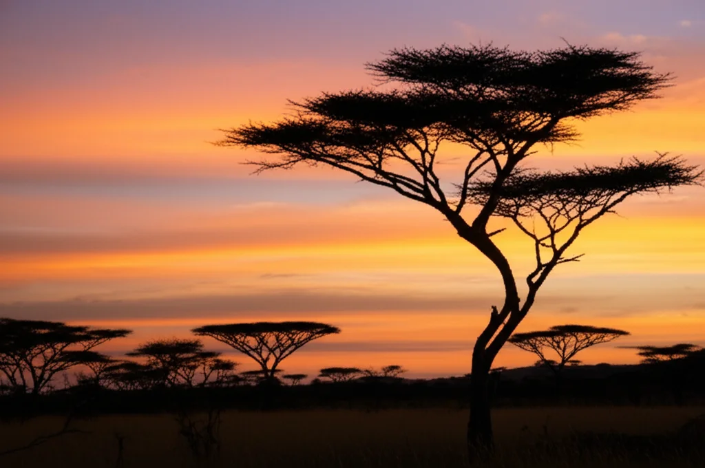 Immagine grandangolare 24mm di un paesaggio rurale keniota al tramonto, con cielo colorato e silhouette di alberi di acacia, che simboleggia speranza e tranquillità, messa a fuoco nitida su tutto il campo.