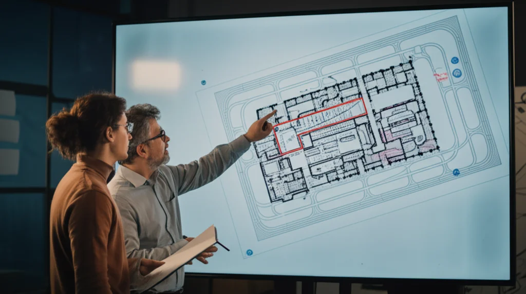 Un architetto indica un punto critico su una planimetria digitale di un aeroporto visualizzata su un grande schermo touch, discutendo con un collega. Ambiente di ufficio moderno, profondità di campo, obiettivo 35mm.