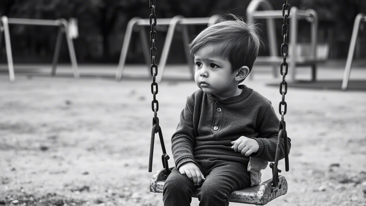 Ritratto fotografico di un bambino dall'aria pensierosa seduto su una vecchia altalena in un parco giochi vuoto, stile bianco e nero, obiettivo 35mm, profondità di campo ridotta per isolare il soggetto, evocando riflessione e potenziali difficoltà infantili.