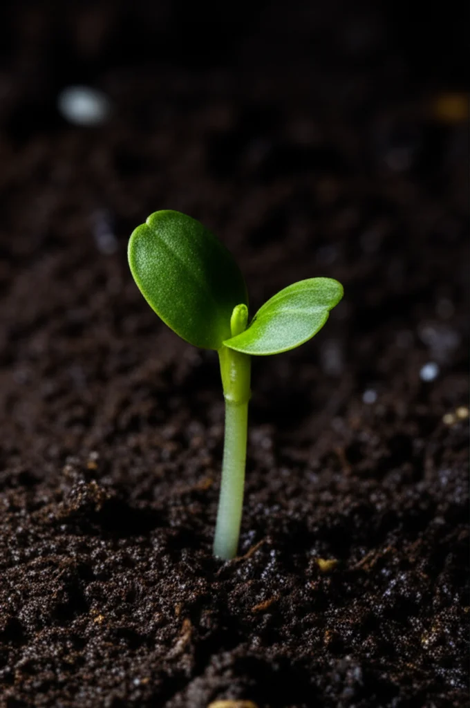 Fotografia macro di una giovane piantina verde brillante che spunta con forza da un terreno scuro e compatto, illuminazione laterale controllata che crea ombre profonde, obiettivo 90mm macro, simbolo di resilienza e speranza che emerge dalle difficoltà.