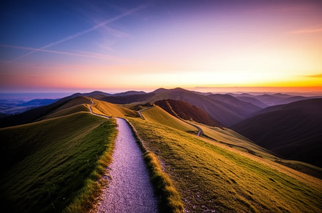 Fotografia grandangolare di un paesaggio al tramonto con molteplici sentieri che si diramano verso un orizzonte luminoso e colorato, obiettivo 18mm wide-angle, lunga esposizione per rendere il cielo setoso, simboleggia i diversi percorsi di vita influenzati dalle esperienze passate e dal contesto culturale, che portano verso un futuro pieno di possibilità.