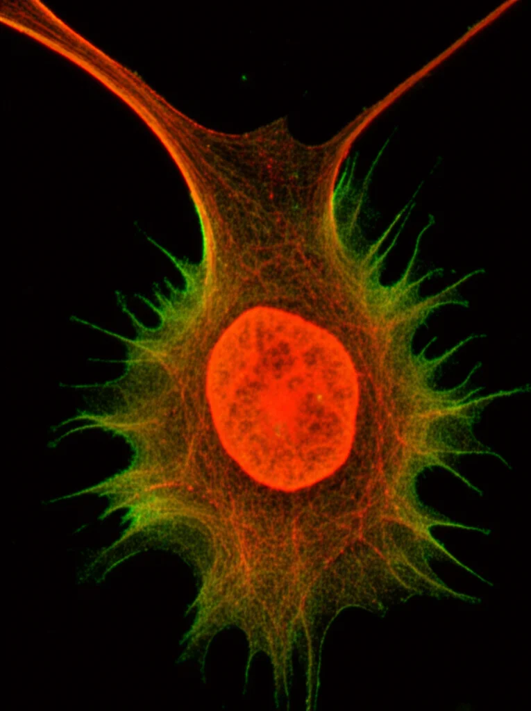 Fotografia macro di un neurone del cervelletto illuminato con colori fluorescenti su sfondo scuro, obiettivo macro 100mm, alta definizione, illuminazione controllata per evidenziare la struttura complessa.