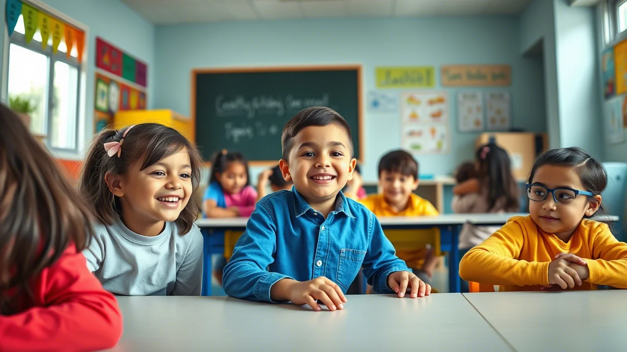 Fotografia grandangolare di un'aula scolastica luminosa e colorata, con un bambino con difficoltà motorie che partecipa a un'attività di gruppo con i compagni, obiettivo grandangolare 18mm, luce diffusa, focus nitido su tutto il gruppo per mostrare inclusione.