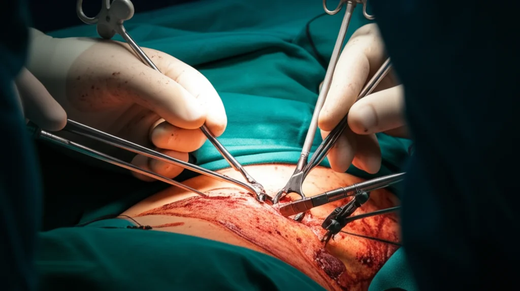 Wide-angle lens, 20mm, sharp focus, operating room setting during an OLIF procedure. Concentrati sulle mani del chirurgo che manipolano gli strumenti attraverso il corridoio laterale minimamente invasivo verso il modello della colonna lombare visibile su uno schermo. Controlled lighting.