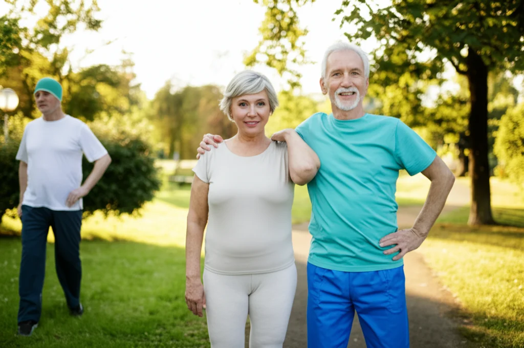 Lence Prime, ritratto da 35 mm, profondità di campo, luce naturale, che mostra un gruppo diversificato di chirurgia post-lombare di pazienti di mezza età e senior, impegnandosi in attività di luce come camminare in un parco o allungamento delicato, trasmettendo una migliore qualità della vita e della mobilità.