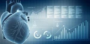 Immagine concettuale di un cuore umano stilizzato con grafici sovrapposti che indicano misurazioni e analisi di biomarcatori come l'Urocortina 2. Sfondo medico/scientifico astratto blu e grigio. Obiettivo prime 35mm, profondità di campo, colori duotone per un look clinico ma moderno, alta definizione.