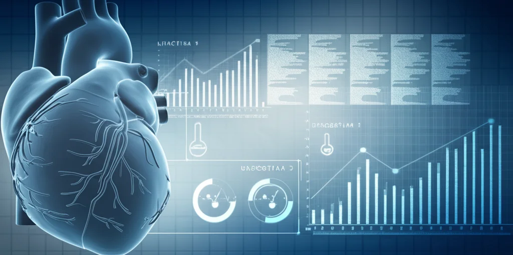 Immagine concettuale di un cuore umano stilizzato con grafici sovrapposti che indicano misurazioni e analisi di biomarcatori come l'Urocortina 2. Sfondo medico/scientifico astratto blu e grigio. Obiettivo prime 35mm, profondità di campo, colori duotone per un look clinico ma moderno, alta definizione.