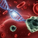 Immagine concettuale di una molecola di mRNA della Ceruloplasmina (struttura a doppia elica stilizzata e luminosa) che fluttua liberamente nel flusso sanguigno (sfondo rosso scuro con globuli rossi sfocati) vicino a cellule tumorali del fegato stilizzate (forme irregolari e scure), illuminazione drammatica che evidenzia l'mRNA, obiettivo macro 85mm, alta definizione, messa a fuoco precisa sulla molecola.