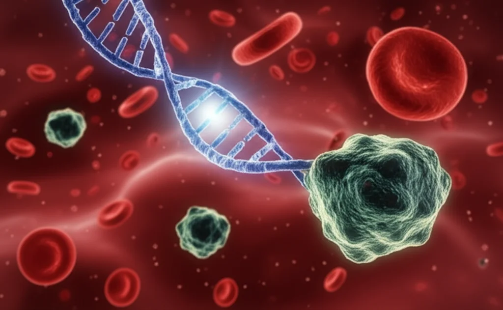 Immagine concettuale di una molecola di mRNA della Ceruloplasmina (struttura a doppia elica stilizzata e luminosa) che fluttua liberamente nel flusso sanguigno (sfondo rosso scuro con globuli rossi sfocati) vicino a cellule tumorali del fegato stilizzate (forme irregolari e scure), illuminazione drammatica che evidenzia l'mRNA, obiettivo macro 85mm, alta definizione, messa a fuoco precisa sulla molecola.