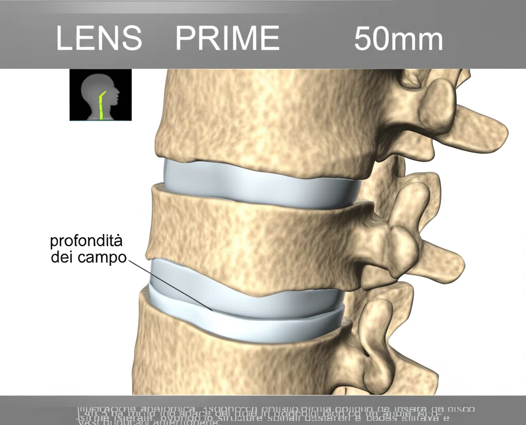 LENS PRIME, 50mm, profondità di campo, illustrazione anatomica 3D ravvicinata che mostra l'approccio obliquo di fusione intersomatica lombare (OLIF). Una gabbia viene inserita nello spazio del disco L4/L5 da un angolo di o -blique laterale, evitando le strutture spinali posteriori. Chiara visualizzazione di vertebre, spazio del disco, muscolo psoas si ritirava e vasi principali anteriormente.