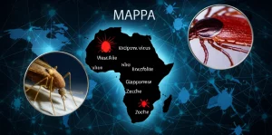 Mappa stilizzata del continente africano illuminata da punti luminosi che indicano la presenza dei virus West Nile, Encefalite Giapponese e da Zecche. Intorno alla mappa, immagini fotorealistiche di una zanzara Culex e di una zecca Ixodes, con un effetto lente d'ingrandimento che ne evidenzia i dettagli. Sfondo scuro con linee di connessione tra i punti luminosi, stile infografica scientifica, illuminazione drammatica.