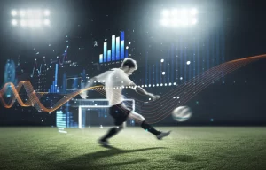 Un'immagine fotorealistica di un campo da calcio high-tech di notte, illuminato da riflettori, con sovrapposizioni digitali astratte e luminose che rappresentano l'analisi dei dati AI sui movimenti di un giocatore sfocato in azione di tiro. Teleobiettivo zoom 200mm, fast shutter speed per congelare parte del movimento ma con scie luminose digitali che tracciano l'azione, focus nitido sulle sovrapposizioni di dati AI.