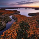 Veduta aerea di un vasto lago boreale al tramonto autunnale, con zone di acqua libera che emettono una leggera nebbiolina nell'aria fredda, suggerendo il rilascio di calore latente e sensibile. Obiettivo grandangolare 20mm, lunga esposizione per rendere le nuvole soffuse e l'acqua setosa, messa a fuoco nitida sull'interfaccia acqua-aria e sulla foresta circostante dai colori caldi.
