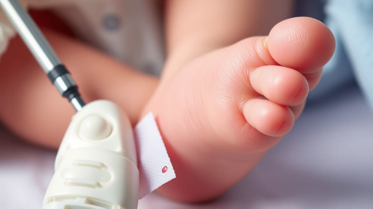 Foto macro realistica del tallone di un neonato durante il test del sangue (heel prick test) per lo screening neonatale. Obiettivo macro 100mm, alta definizione, messa a fuoco precisa sulla goccia di sangue e sulla cartina assorbente, illuminazione clinica controllata.