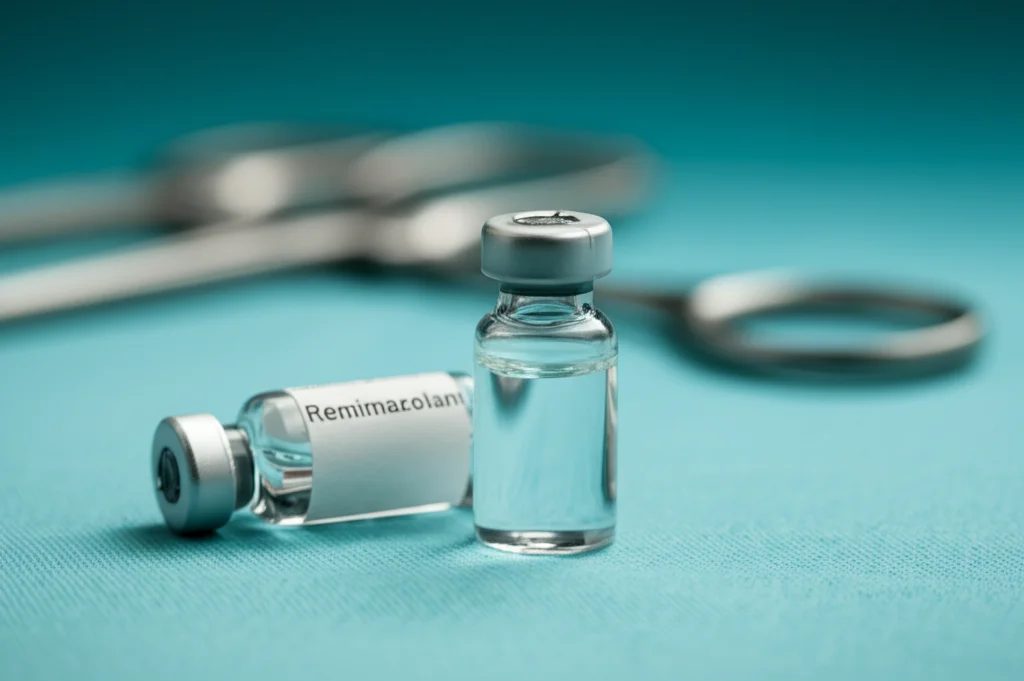 Primo piano macro di una fiala di remimazolam appoggiata su un tavolo sterile in sala operatoria, luce controllata e precisa, obiettivo macro 100mm, alta definizione dei dettagli del liquido e dell'etichetta, sfondo leggermente sfocato con strumenti chirurgici.