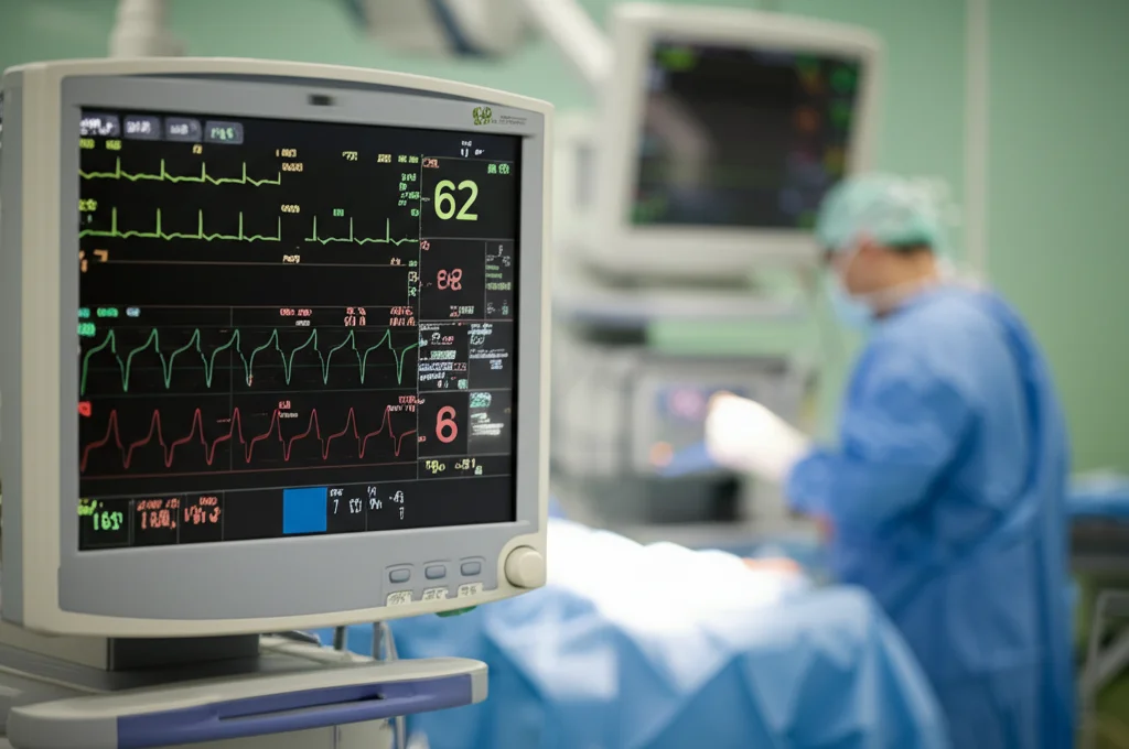Fotografia realistica di un monitor paziente in sala operatoria che mostra parametri vitali stabili (ECG, SpO2, Pressione, EtCO2, Temperatura), obiettivo prime 50mm, profondità di campo che sfoca leggermente lo sfondo della sala, illuminazione controllata tipica dell'ambiente chirurgico.