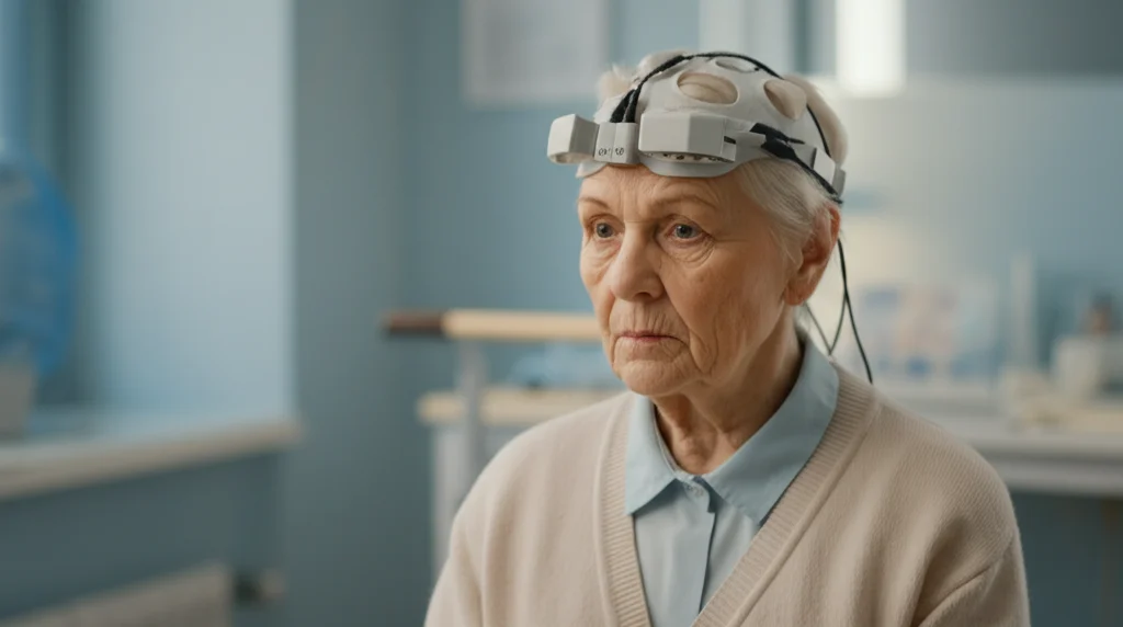 Immagine fotorealistica di un dispositivo fNIRS indossato da una persona anziana seduta tranquillamente in un ambiente clinico luminoso. Obiettivo prime 35mm, profondità di campo per mettere a fuoco il dispositivo e l'espressione concentrata ma serena della persona. Luce morbida e naturale.