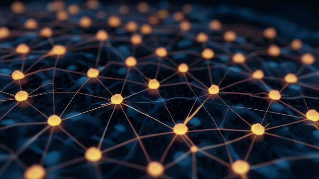 Rappresentazione grafica fotorealistica di una rete neurale cerebrale. Nodi luminosi (aree cerebrali) collegati da linee di diversa intensità su uno sfondo scuro tecnologico. Alcune connessioni (rappresentanti il gruppo AD) sono visibilmente più deboli, spezzate o mancanti rispetto a una rete più densa (controllo). Macro lens 100mm per dettaglio sui nodi e le connessioni, effetto profondità di campo.