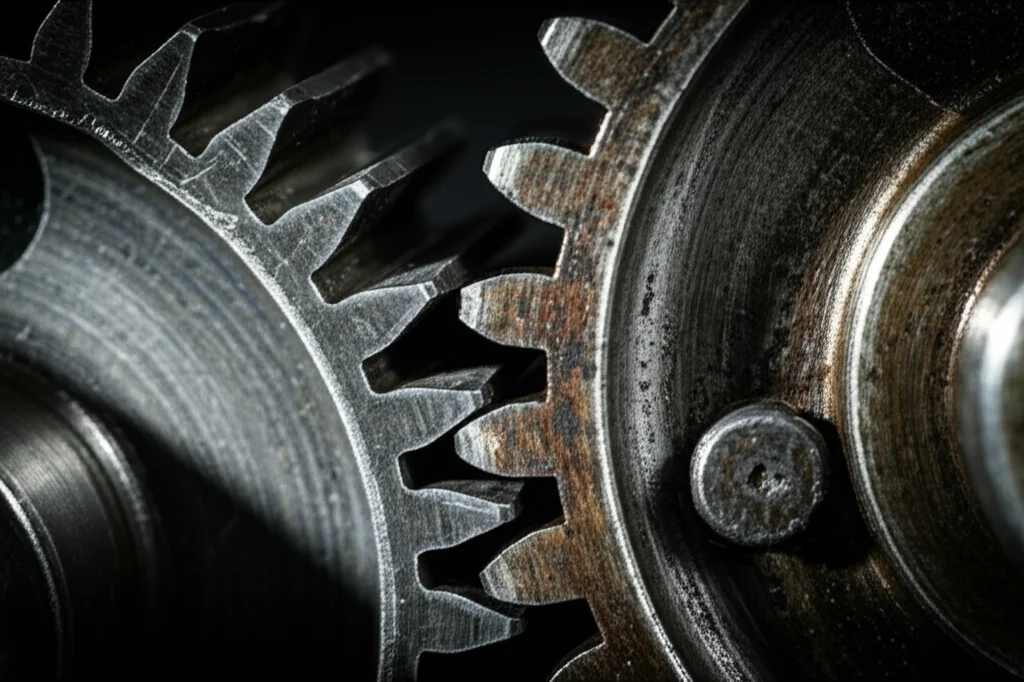 Primo piano macro di due ingranaggi metallici che si incastrano perfettamente, uno lucido e nuovo, l'altro leggermente usurato, a simboleggiare la risoluzione di conflitti tecnici (TRIZ). Obiettivo macro 80mm, illuminazione drammatica laterale, alta definizione.