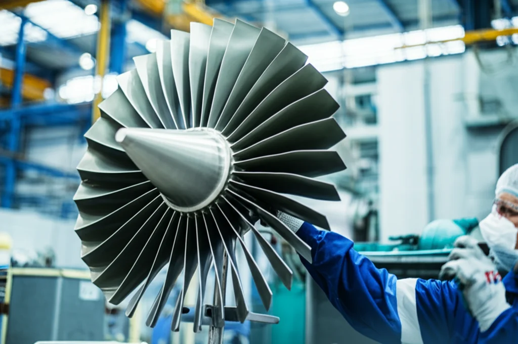 Fotografia di una pala di turbina a gas complessa, realizzata in metallo lucido, tenuta in mano da un ingegnere con guanti protettivi in un ambiente industriale pulito. Obiettivo 50mm, profondità di campo ridotta per focalizzare sulla pala, illuminazione industriale.