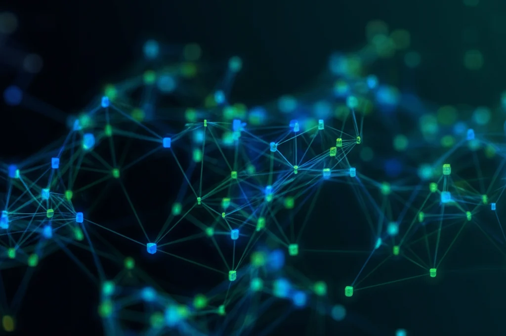 Visualizzazione astratta e fotorealistica di una rete neurale a grafo (GNN) con nodi luminosi blu e verdi interconnessi che rappresentano i canali EEG e le loro relazioni, sfondo scuro tech, dettagli elevati, obiettivo 50mm prime, profondità di campo.