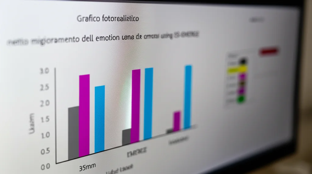 Grafico fotorealistico su un monitor che mostra un netto miglioramento dell'accuratezza (barre alte e luminose) del riconoscimento delle emozioni usando SS-EMERGE rispetto ad altri metodi (barre più basse), profondità di campo, obiettivo 35mm, stile infografica tech.