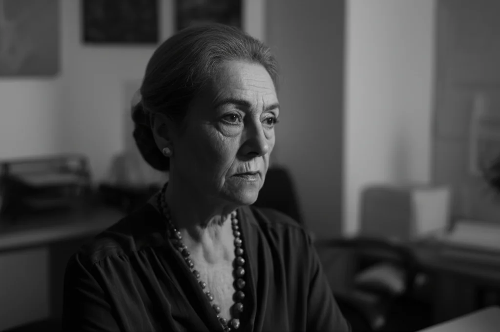 Fotografia di ritratto, stile film noir in bianco e nero, di una donna di circa 60 anni in un ufficio, espressione pensierosa e leggermente stressata ma risoluta, luce laterale drammatica che evidenzia le linee del viso, obiettivo 35mm, profondità di campo ridotta che sfoca lo sfondo dell'ufficio.