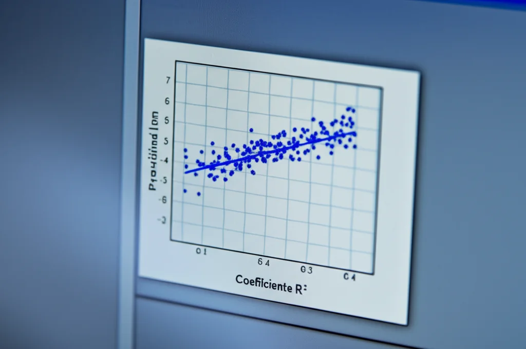 Grafico scientifico su schermo di computer che mostra la correlazione tra dati sperimentali (punti) e previsioni del modello matematico (linea), evidenziando un alto coefficiente R2, focus nitido sul grafico.