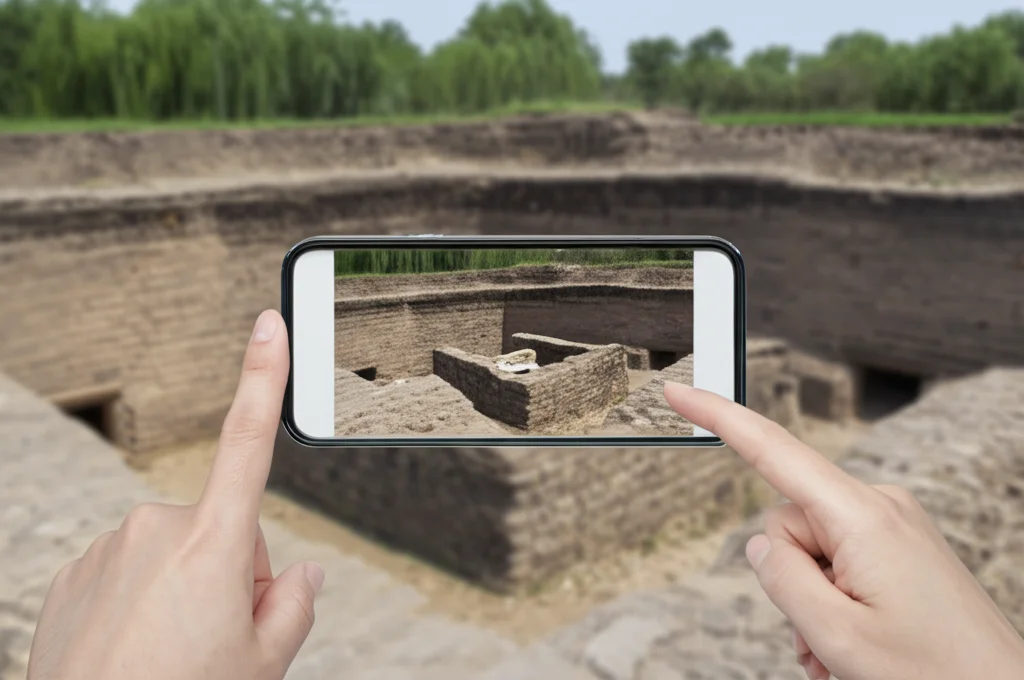 Turista in un sito archeologico cinese che punta lo smartphone verso un'antica fornace. Sullo schermo del telefono è visibile un'interfaccia di realtà aumentata che sovrappone informazioni storiche e modelli 3D alla scena reale. Obiettivo 35mm, luce diurna naturale, profondità di campo che mantiene a fuoco sia lo smartphone che la fornace sullo sfondo.