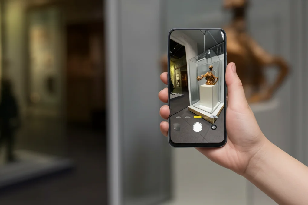 Primo piano di uno smartphone tenuto da una mano, lo schermo mostra un'applicazione AR educativa con grafica 3D interattiva sovrapposta a un manufatto in un museo. Obiettivo macro 85mm, messa a fuoco precisa sullo schermo e sul manufatto, illuminazione controllata da museo.