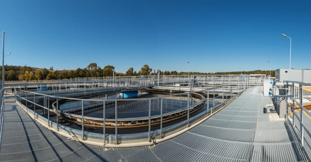 Vista grandangolare, obiettivo 18mm, di un moderno impianto di trattamento acque reflue con unità di elettrocoagulazione visibili, cielo sereno, messa a fuoco nitida sull'intero impianto.