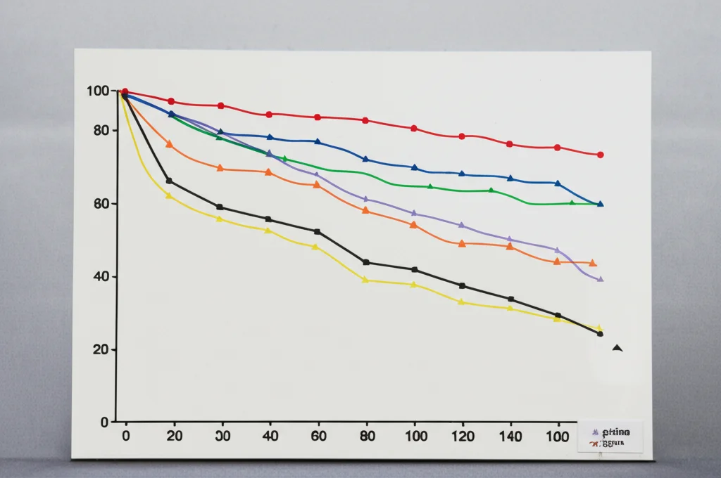 Un grafico stilizzato della curva di sopravvivenza di Kaplan-Meier che mostra linee discendenti per diversi gruppi occupazionali (agricoltori, impiegati, insegnanti, operai). Obiettivo prime 35mm, profondità di campo per mettere a fuoco il grafico, illuminazione controllata da studio, sfondo neutro grigio chiaro.