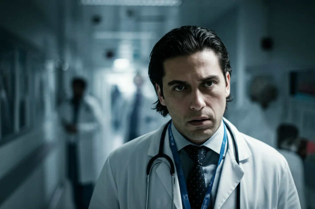 Fotografia di un medico del pronto soccorso, uomo, dall'aspetto stanco ma concentrato, in piedi in un corridoio affollato del pronto soccorso durante un turno notturno. Luce fluorescente dura, profondità di campo ridotta per sfocare lo sfondo caotico. Obiettivo prime 35mm, stile film noir.