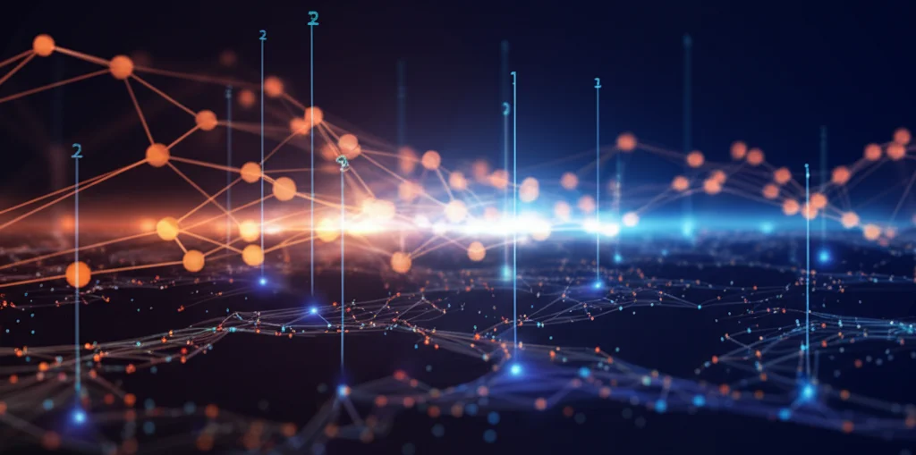 Visualizzazione astratta di una rete neurale LSTM con nodi luminosi e connessioni che elaborano flussi di dati energetici. Obiettivo macro 90mm, alta definizione, illuminazione controllata blu e arancione, effetto profondità di campo.