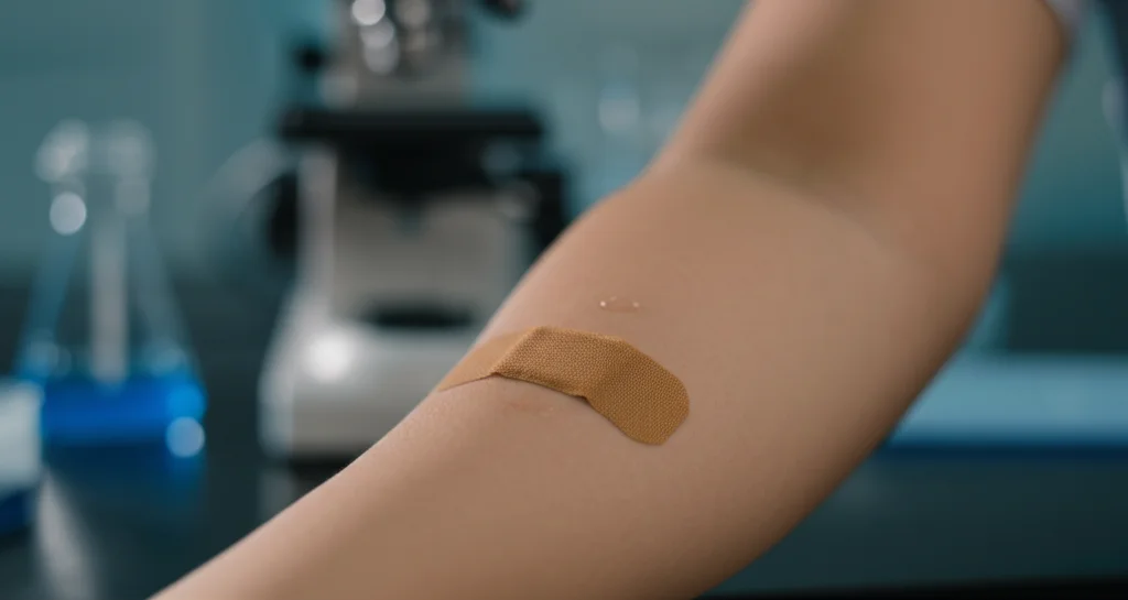 Primo piano di un cerotto medico high-tech applicato sulla pelle del braccio di una persona, che raccoglie sudore in un ambiente di laboratorio controllato con attrezzature scientifiche visibili sullo sfondo, obiettivo macro 85mm, illuminazione controllata, alta definizione.