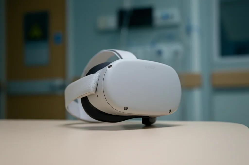 Primo piano di un visore VR Oculus Quest 2 appoggiato su una scrivania in una stanza tranquilla e poco illuminata all'interno di un ospedale. Luce controllata che evidenzia la texture del visore. Obiettivo macro 60mm, alta definizione, messa a fuoco precisa sul visore.