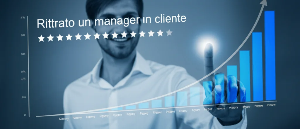 Ritratto di un manager sorridente che indica un grafico su uno schermo digitale che mostra un aumento della fedeltà cliente correlato a punteggi di interazione positivi. Obiettivo prime 35mm, duotone blu e bianco, profondità di campo.