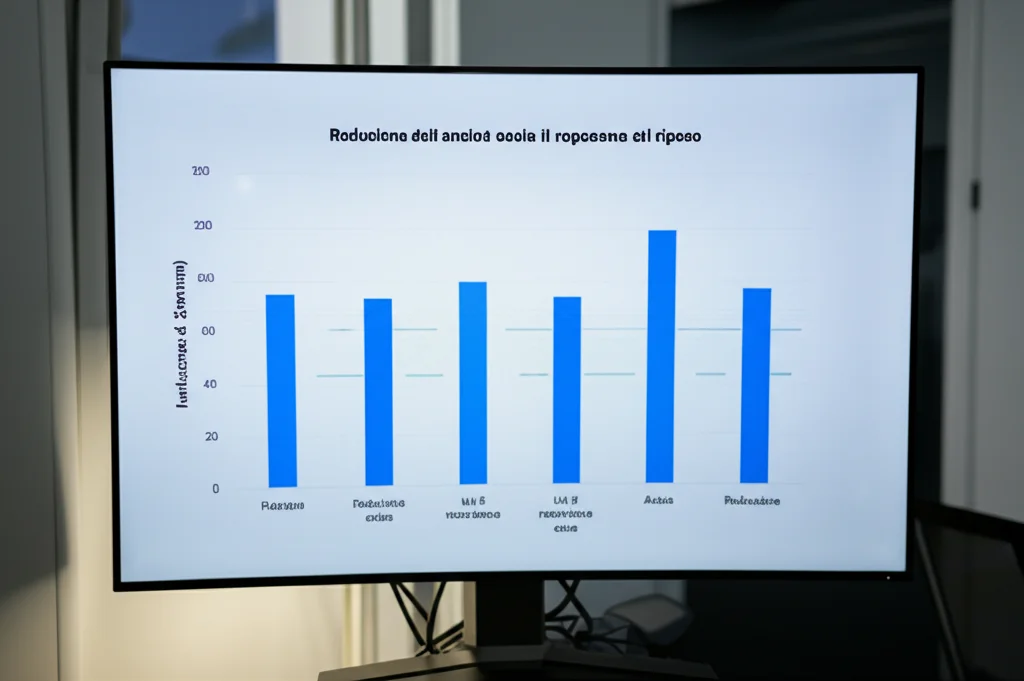 Grafico a barre comparativo visualizzato su uno schermo digitale moderno, che mostra la riduzione dell'ansia dopo il riposo rispetto alla riduzione dopo l'uso della VR. Illuminazione da ufficio, messa a fuoco nitida sul grafico. Obiettivo zoom 24-70mm.