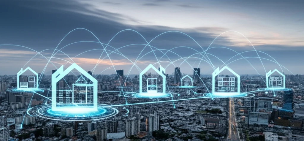 Paesaggio ampio di una città al tramonto con linee luminose di dati che collegano case e aziende a una centrale energetica stilizzata. Obiettivo grandangolare 15mm, lunga esposizione, nuvole fluide, focus nitido sulla città.